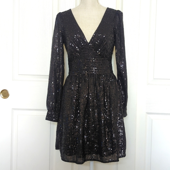 MICHAEL KORS Sequin Striped V Neck Mini Elegant Black Sequin Dress - Picture 4 of 11